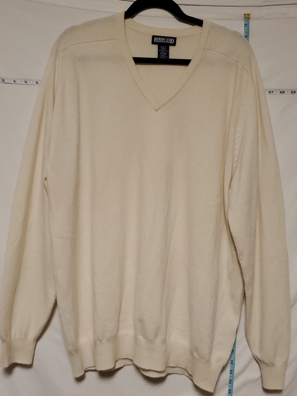 Lands' End Men's Cashmere  Ivory V-Neck Sweater XL Preppy Quiet Luxury Academia